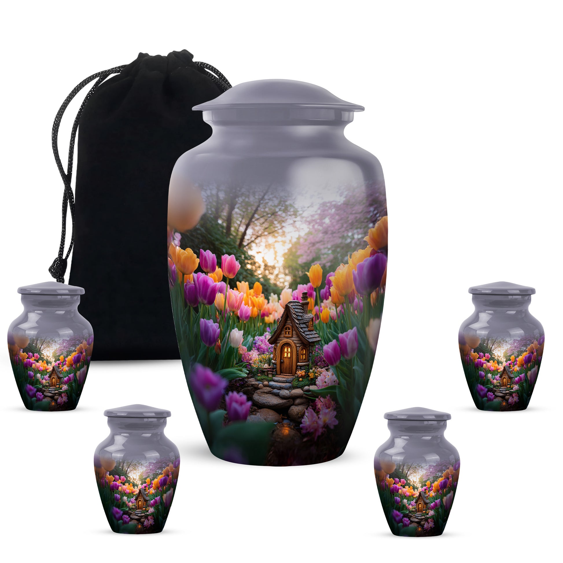 Smoke Gray Garden Tulip Cremation Urn top-down view of secure threaded lid - traditional garden tulip engraving with hand-polished finish - memorial set with one large and four small urns