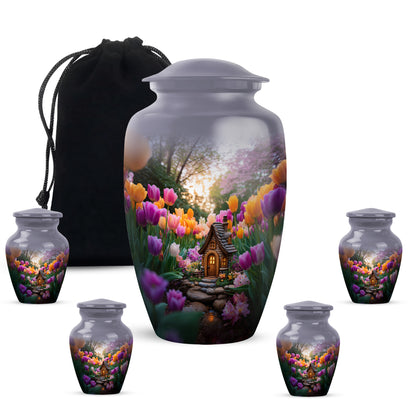 Smoke Gray Garden Tulip Cremation Urn top-down view of secure threaded lid - traditional garden tulip engraving with hand-polished finish - memorial set with one large and four small urns