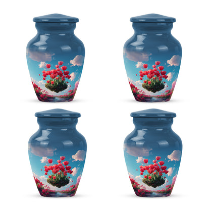 Sapphire Blue Garden Tulip Cremation Urn side profile showing urn shape - traditional garden tulip engraving with hand-polished finish - 10 inch aluminum urn for cremated remains