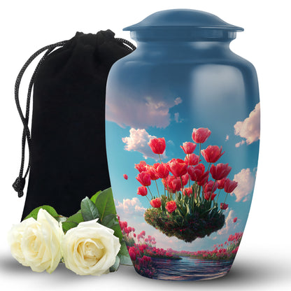 Powder Blue Garden Tulip Cremation Urn angled view of lid and engraved motif - classic sculpted garden tulip pattern on smooth aluminum - full-size 10 inch 200 cubic inch adult cremation urn
