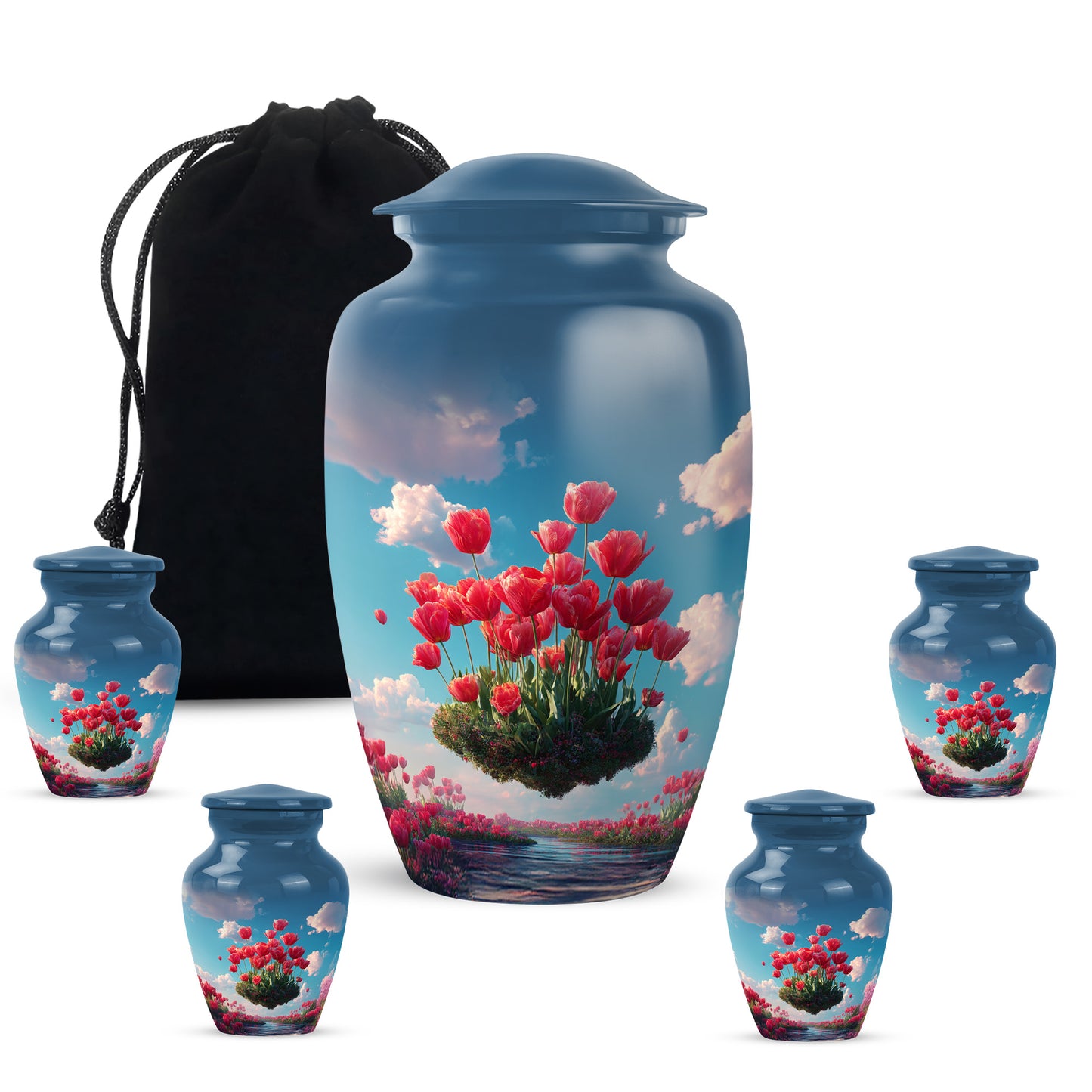 Serene Blue Garden Tulip Cremation Urn top-down view of secure threaded lid - traditional garden tulip engraving with hand-polished finish - memorial set with one large and four small urns
