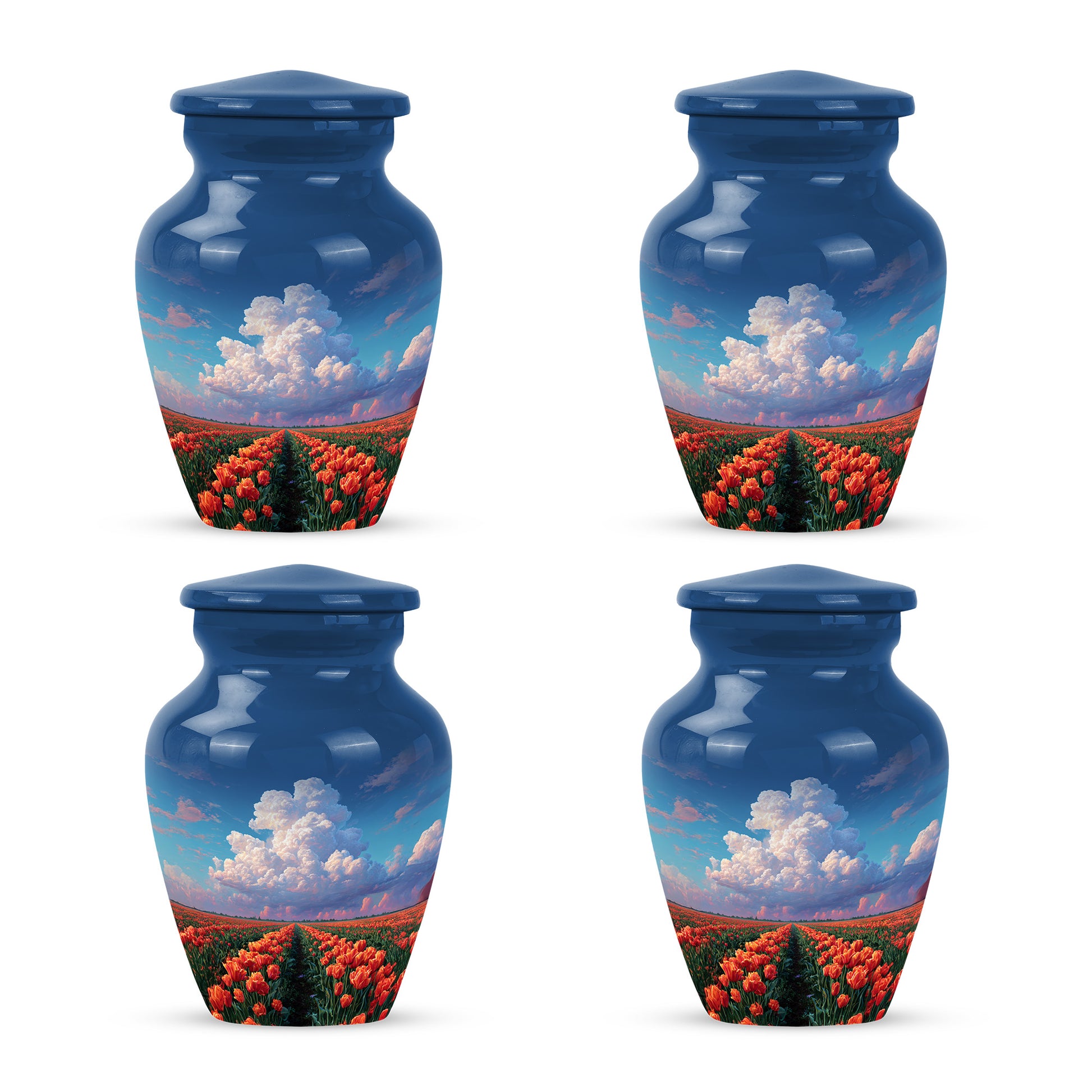 Slate Blue Garden Tulip Cremation Urn side profile showing urn shape - timeless garden tulip motif etched into premium metal - 10 inch aluminum urn for cremated remains