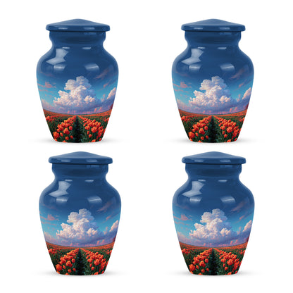 Slate Blue Garden Tulip Cremation Urn side profile showing urn shape - timeless garden tulip motif etched into premium metal - 10 inch aluminum urn for cremated remains