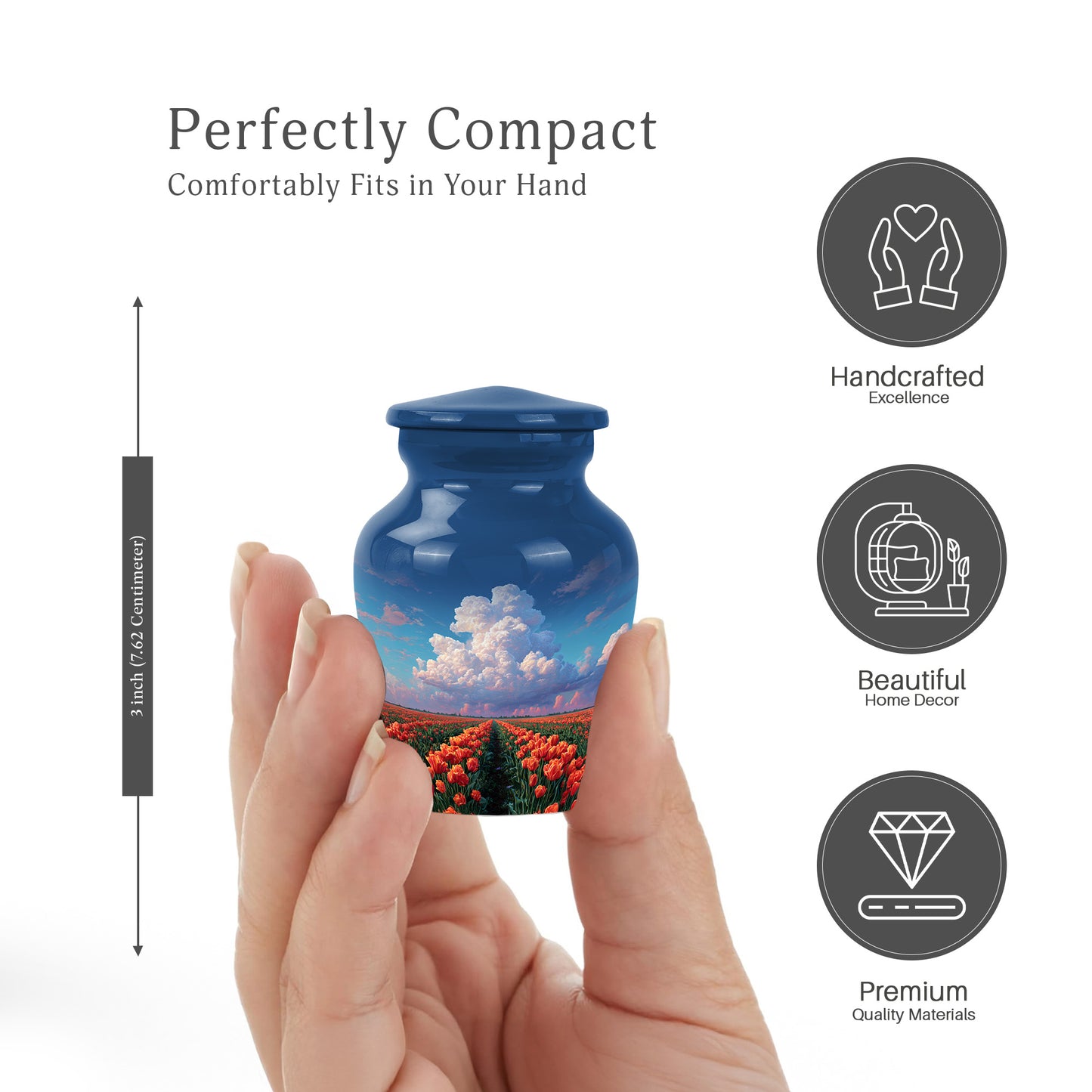 Sky Blue Garden Tulip Cremation Urn close-up of engraving and surface detail - classic sculpted garden tulip pattern on smooth aluminum - mini keepsake memorial for portion of cremation ashes