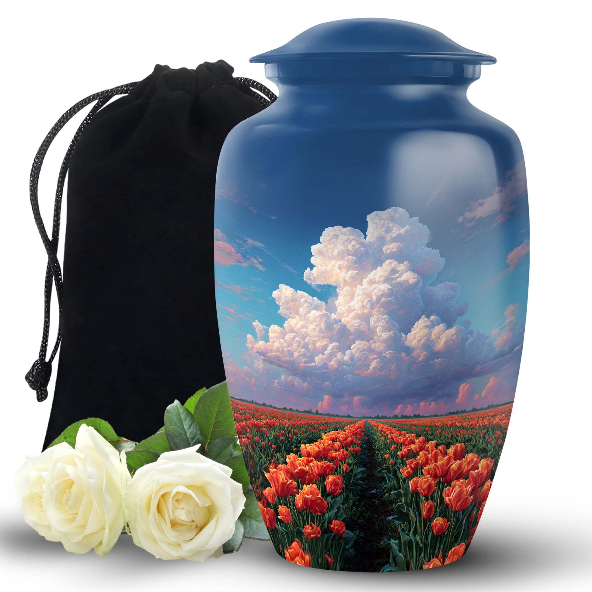 Pastel Blue Garden Tulip Cremation Urn angled view of lid and engraved motif - timeless garden tulip motif etched into premium metal - full-size 10 inch 200 cubic inch adult cremation urn