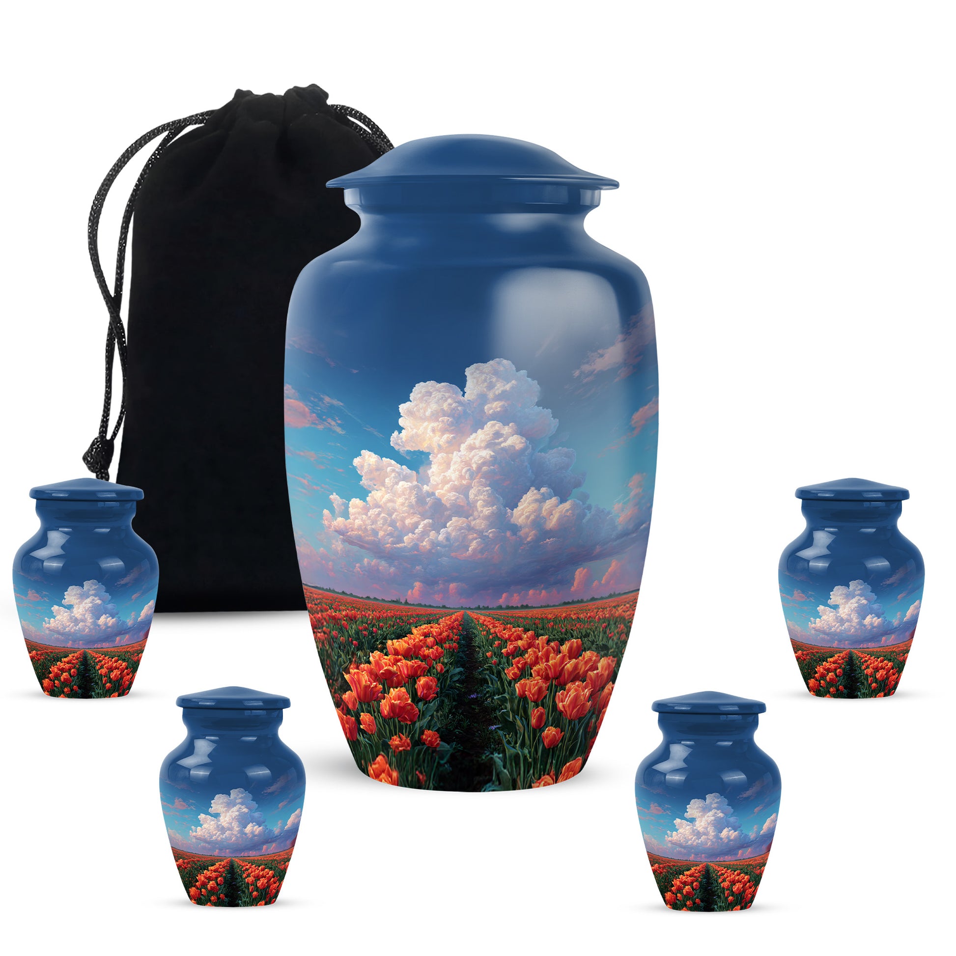 Celestial Blue Garden Tulip Cremation Urn top-down view of secure threaded lid - timeless garden tulip motif etched into premium metal - memorial set with one large and four small urns