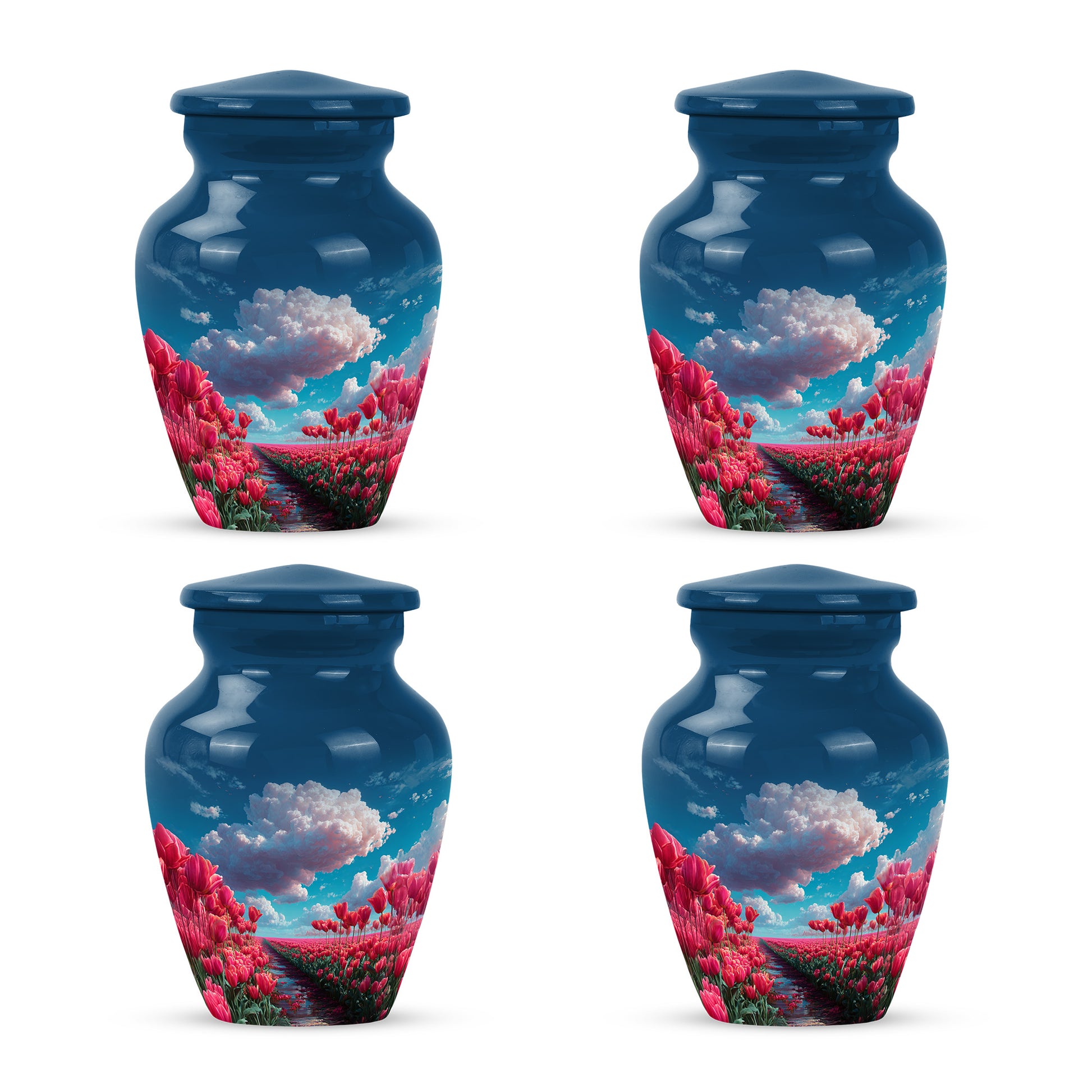 Sky Blue Garden Tulip Cremation Urn side profile showing urn shape - timeless garden tulip motif etched into premium metal - 10 inch aluminum urn for cremated remains