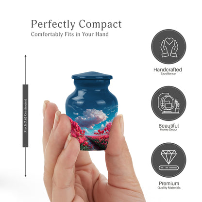 Twilight Blue Garden Tulip Cremation Urn close-up of engraving and surface detail - traditional garden tulip engraving with hand-polished finish - mini keepsake memorial for portion of cremation ashes