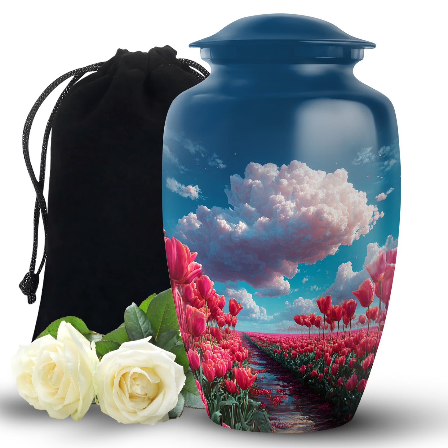 Steel Blue Garden Tulip Cremation Urn angled view of lid and engraved motif - traditional garden tulip engraving with hand-polished finish - full-size 10 inch 200 cubic inch adult cremation urn
