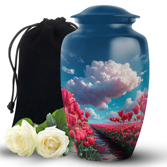 Steel Blue Garden Tulip Cremation Urn angled view of lid and engraved motif - traditional garden tulip engraving with hand-polished finish - full-size 10 inch 200 cubic inch adult cremation urn