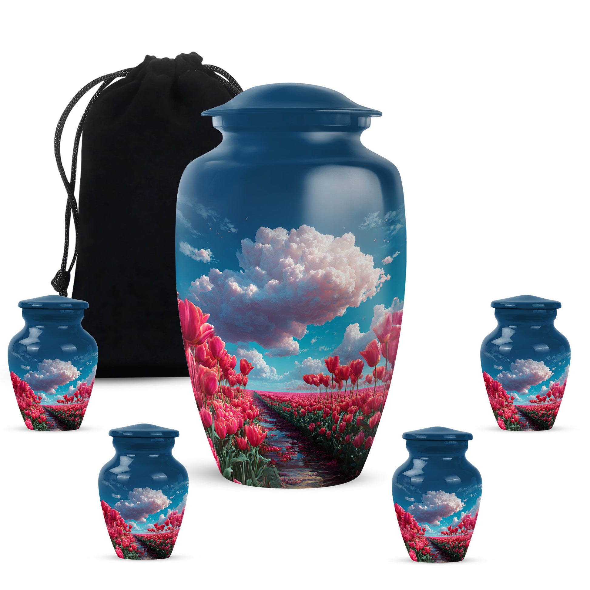Royal Blue Garden Tulip Cremation Urn top-down view of secure threaded lid - elegant classic garden tulip relief with fine detailing - memorial set with one large and four small urns