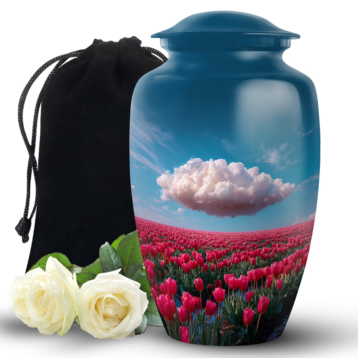 Vivid Blue Garden Tulip Cremation Urn angled view of lid and engraved motif - traditional garden tulip engraving with hand-polished finish - full-size 10 inch 200 cubic inch adult cremation urn