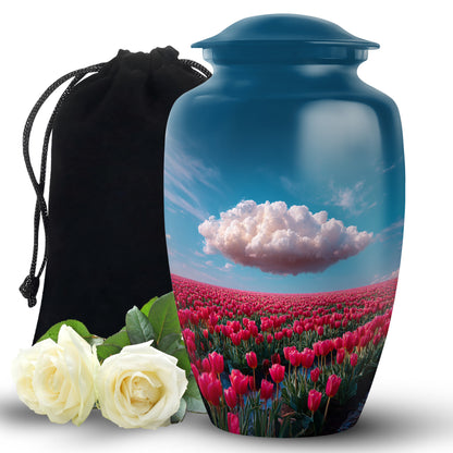 Vivid Blue Garden Tulip Cremation Urn angled view of lid and engraved motif - traditional garden tulip engraving with hand-polished finish - full-size 10 inch 200 cubic inch adult cremation urn