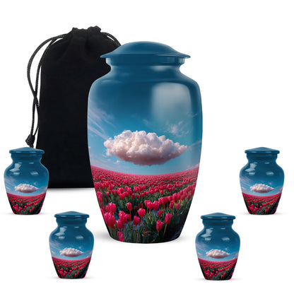 Pastel Blue Garden Tulip Cremation Urn top-down view of secure threaded lid - timeless garden tulip motif etched into premium metal - memorial set with one large and four small urns
