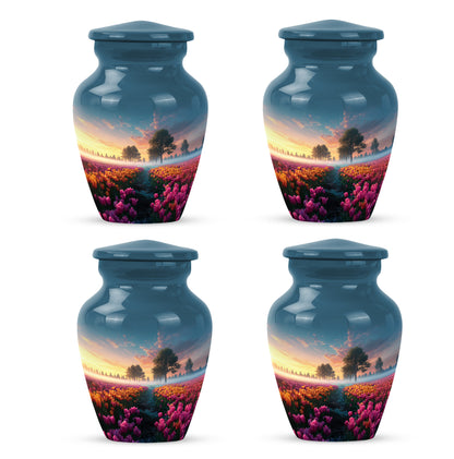 Slate Blue Garden Tulip Cremation Urn side profile showing urn shape - classic sculpted garden tulip pattern on smooth aluminum - 10 inch aluminum urn for cremated remains