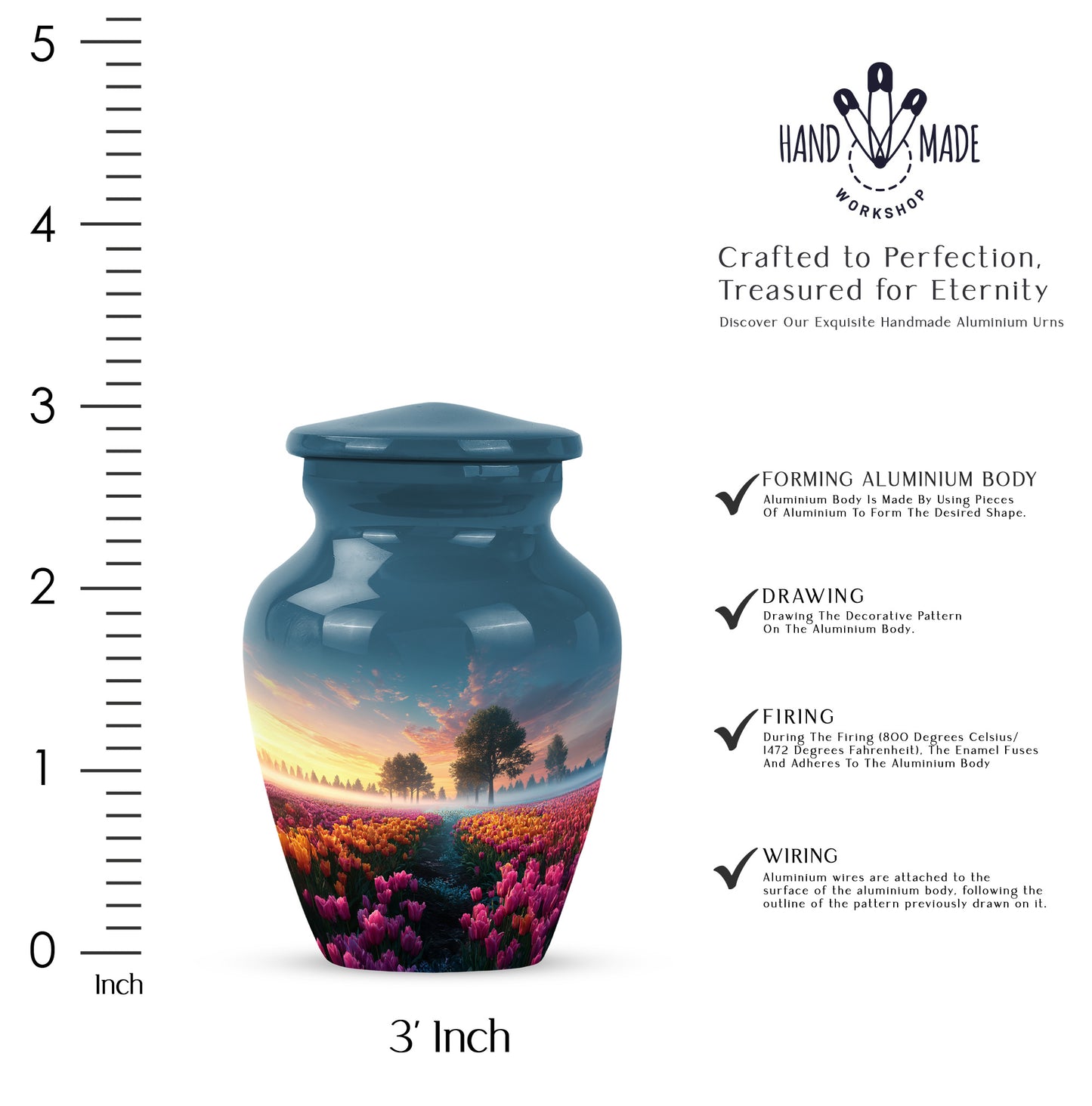 Steel Blue Garden Tulip Cremation Urn close-up of engraving and surface detail - elegant classic garden tulip relief with fine detailing - mini keepsake memorial for portion of cremation ashes
