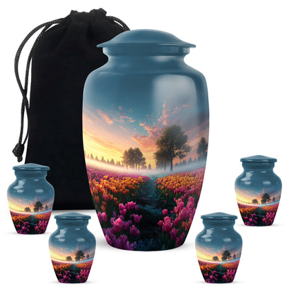 Slate Blue Garden Tulip Cremation Urn top-down view of secure threaded lid - classic sculpted garden tulip pattern on smooth aluminum - memorial set with one large and four small urns