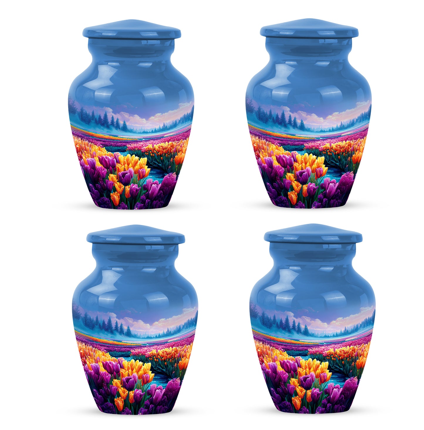 Celestial Blue Garden Tulip Cremation Urn side profile showing urn shape - timeless garden tulip motif etched into premium metal - 10 inch aluminum urn for cremated remains