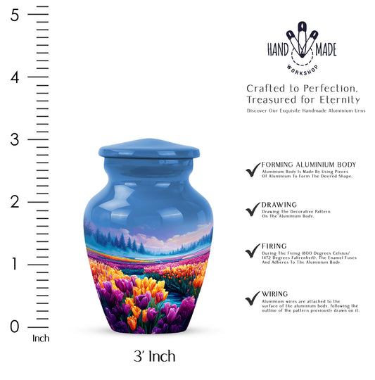 Royal Blue Garden Tulip Cremation Urn close-up of engraving and surface detail - traditional garden tulip engraving with hand-polished finish - mini keepsake memorial for portion of cremation ashes