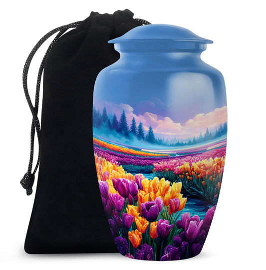 Royal Blue Garden Tulip Cremation Urn angled view of lid and engraved motif - elegant classic garden tulip relief with fine detailing - full-size 10 inch 200 cubic inch adult cremation urn