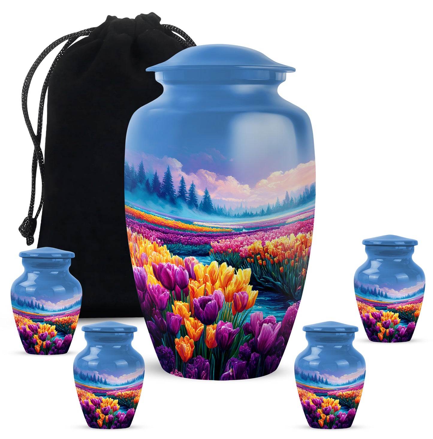 Bright Blue Garden Tulip Cremation Urn top-down view of secure threaded lid - elegant classic garden tulip relief with fine detailing - memorial set with one large and four small urns