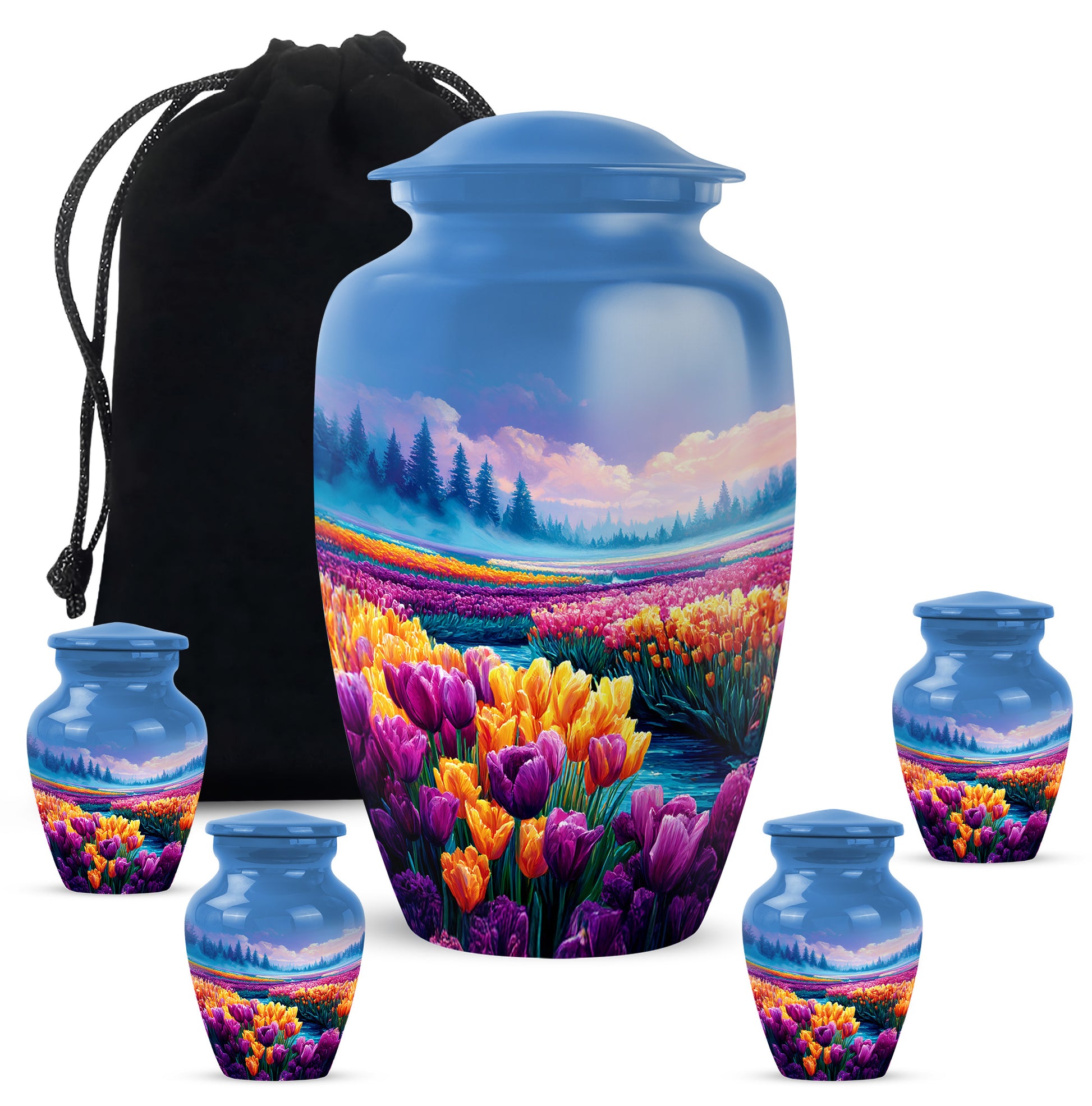 Bright Blue Garden Tulip Cremation Urn top-down view of secure threaded lid - elegant classic garden tulip relief with fine detailing - memorial set with one large and four small urns