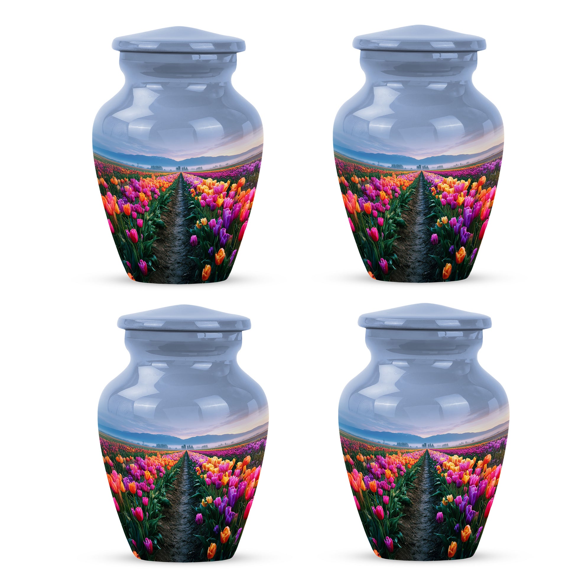 Sapphire Blue Garden Tulip Cremation Urn side profile showing urn shape - traditional garden tulip engraving with hand-polished finish - 10 inch aluminum urn for cremated remains