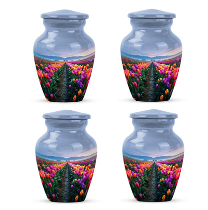 Sapphire Blue Garden Tulip Cremation Urn side profile showing urn shape - traditional garden tulip engraving with hand-polished finish - 10 inch aluminum urn for cremated remains