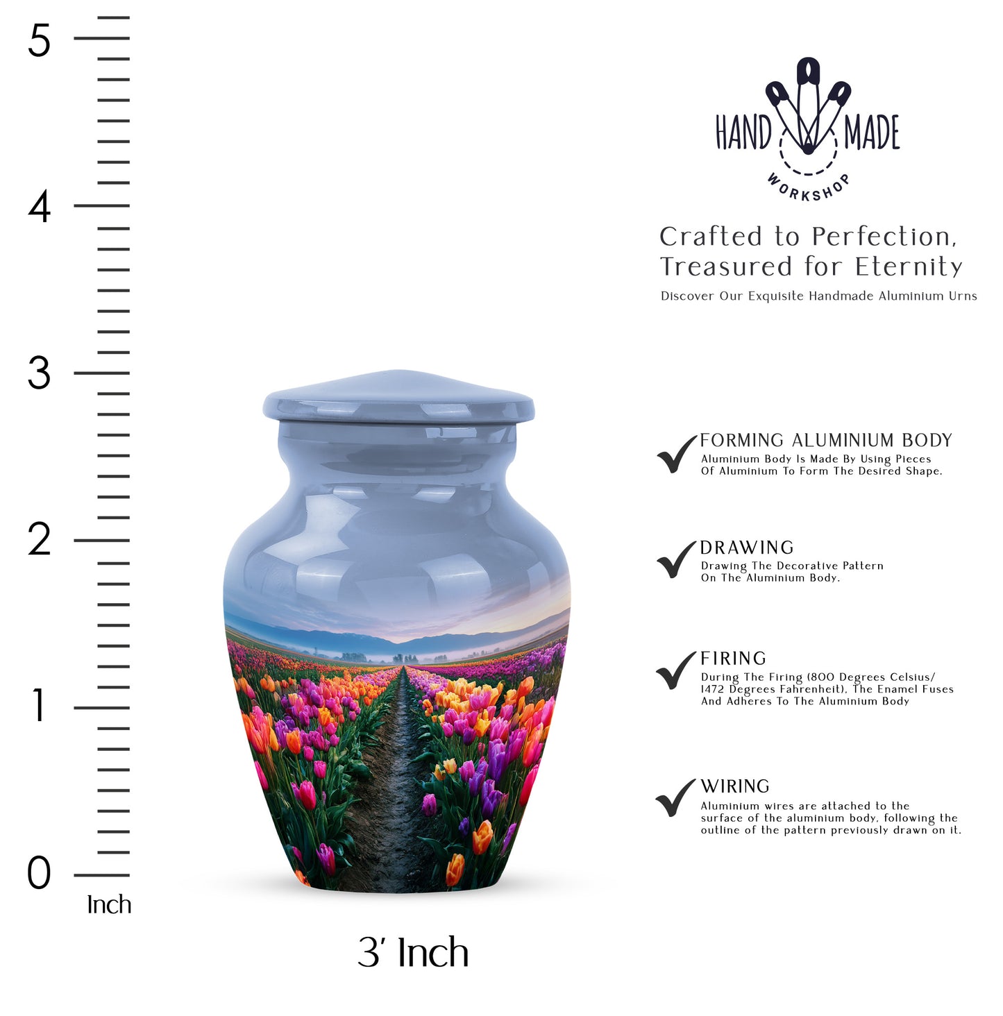 Soft Blue Garden Tulip Cremation Urn close-up of engraving and surface detail - elegant classic garden tulip relief with fine detailing - mini keepsake memorial for portion of cremation ashes