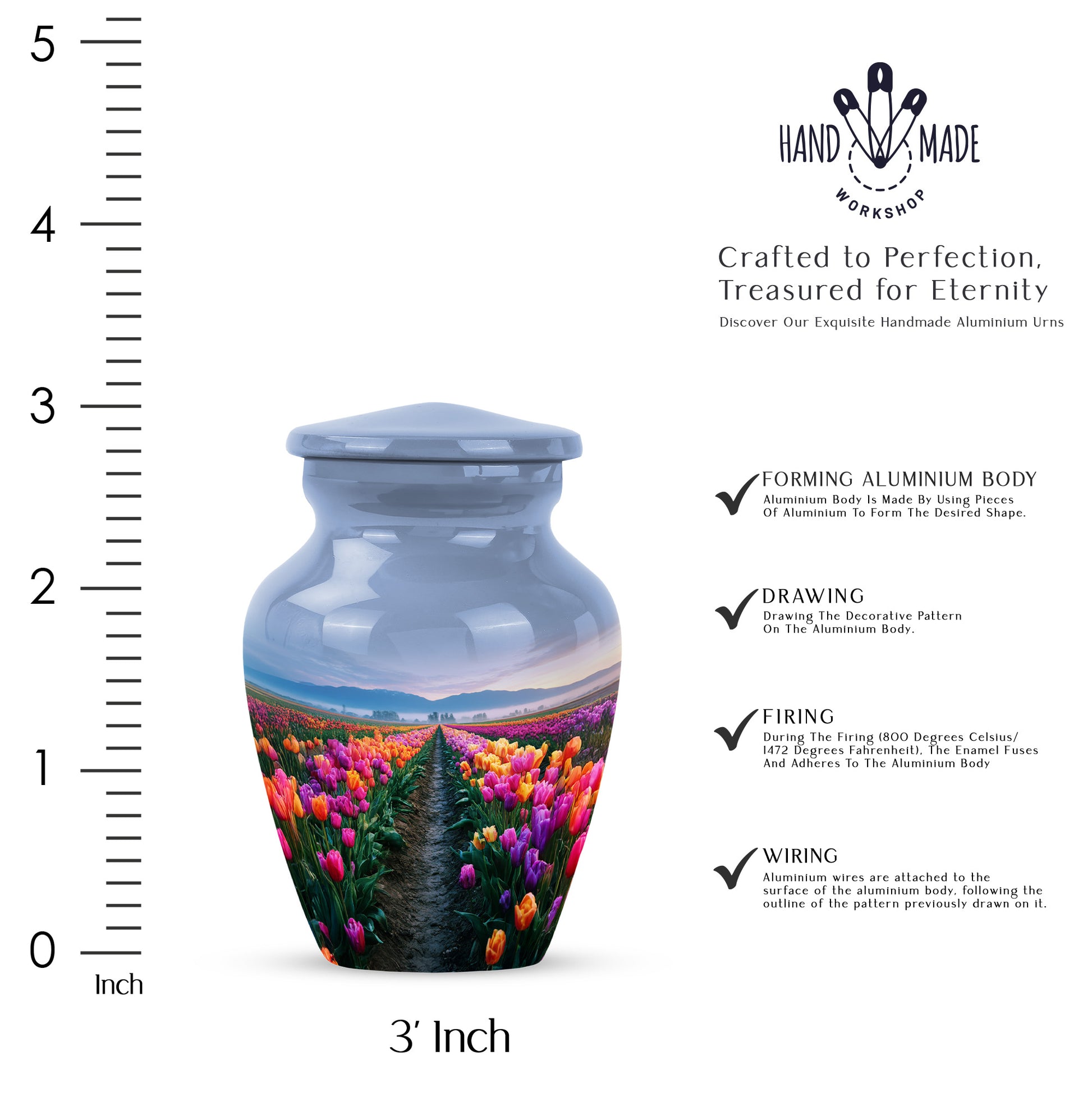 Soft Blue Garden Tulip Cremation Urn close-up of engraving and surface detail - elegant classic garden tulip relief with fine detailing - mini keepsake memorial for portion of cremation ashes