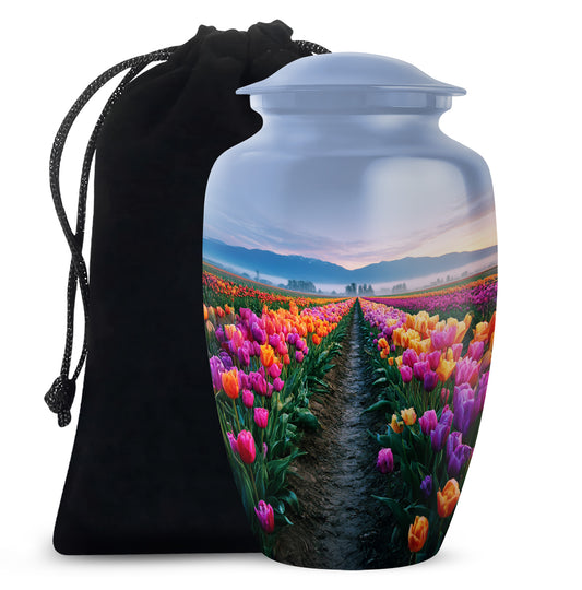 Steel Blue Garden Tulip Cremation Urn angled view of lid and engraved motif - elegant classic garden tulip relief with fine detailing - full-size 10 inch 200 cubic inch adult cremation urn