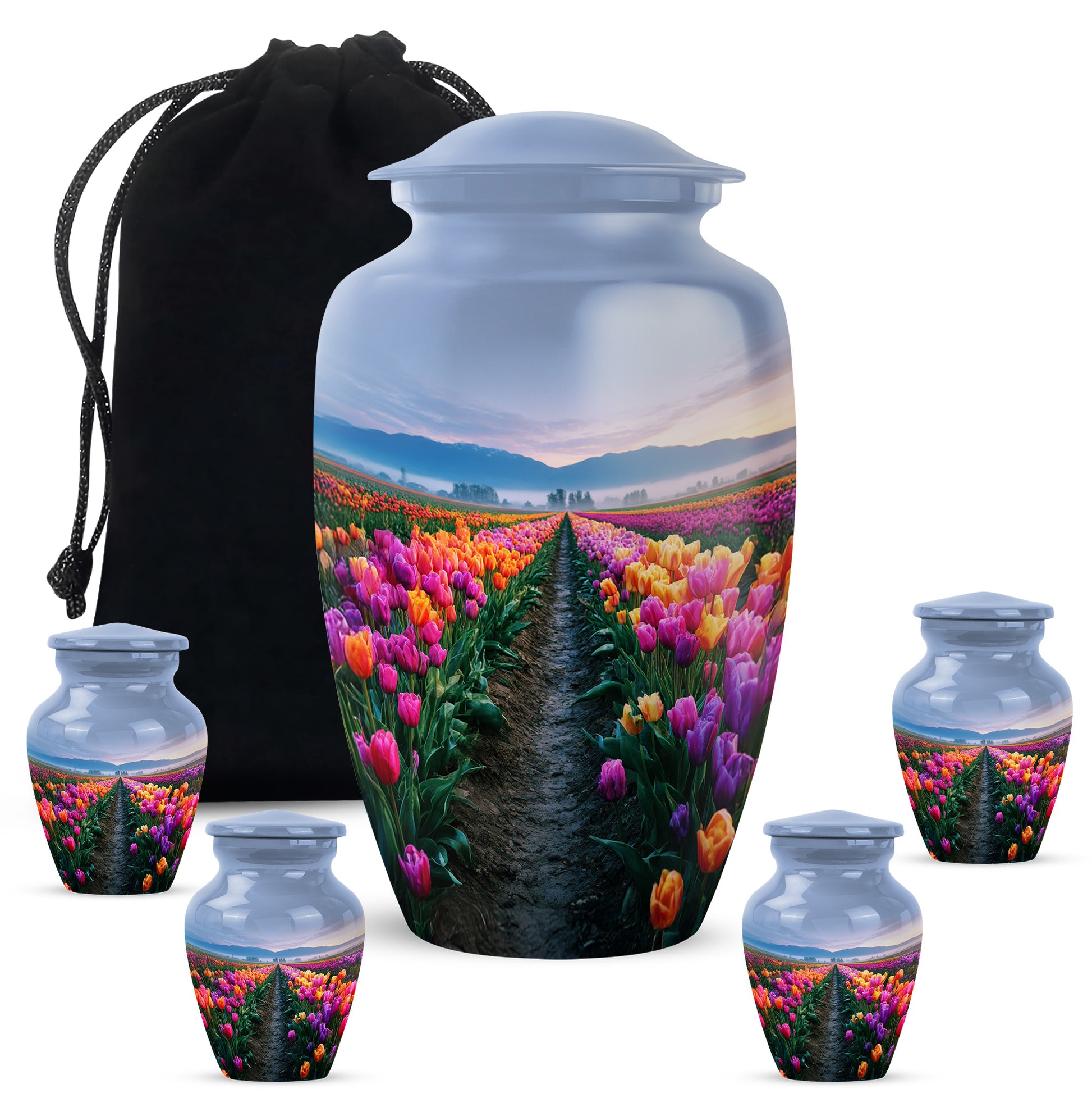 Pastel Blue Garden Tulip Cremation Urn top-down view of secure threaded lid - timeless garden tulip motif etched into premium metal - memorial set with one large and four small urns