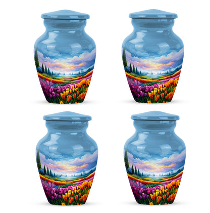 Pastel Blue Garden Tulip Cremation Urn side profile showing urn shape - timeless garden tulip motif etched into premium metal - 10 inch aluminum urn for cremated remains