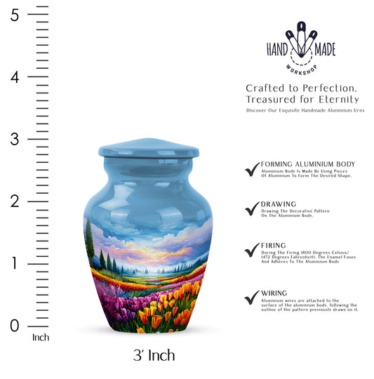 Vivid Blue Garden Tulip Cremation Urn close-up of engraving and surface detail - traditional garden tulip engraving with hand-polished finish - mini keepsake memorial for portion of cremation ashes