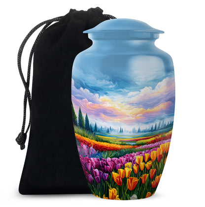 Cornflower Blue Garden Tulip Cremation Urn angled view of lid and engraved motif - elegant classic garden tulip relief with fine detailing - full-size 10 inch 200 cubic inch adult cremation urn