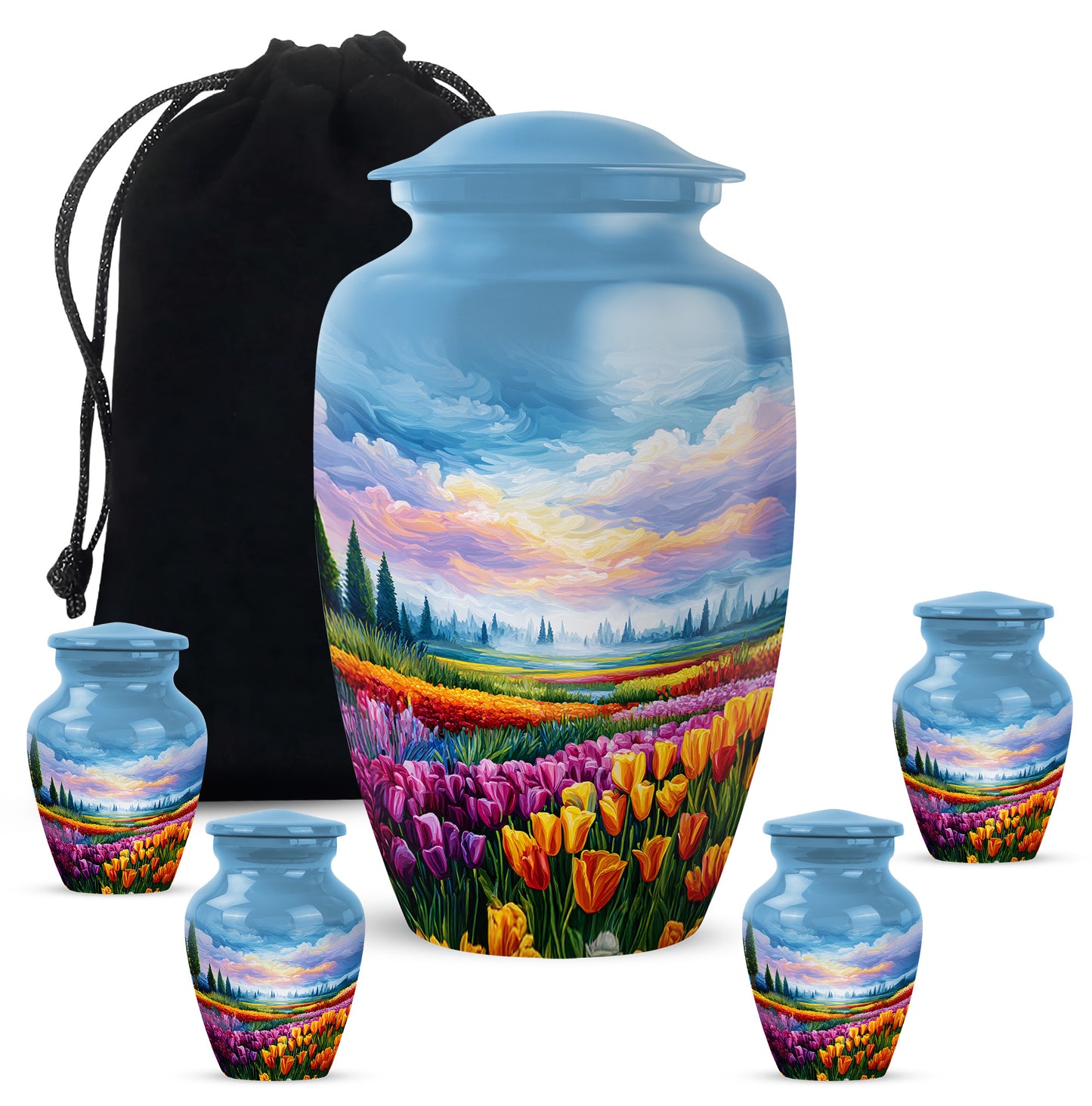 Powder Blue Garden Tulip Cremation Urn top-down view of secure threaded lid - timeless garden tulip motif etched into premium metal - memorial set with one large and four small urns