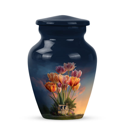Timeless Blue Garden Tulip Cremation Urn for Ashes - 10-inch, 200 cu in - Yatskia