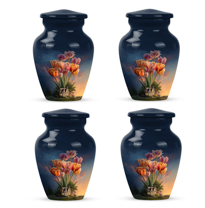 Pastel Blue Garden Tulip Cremation Urn side profile showing urn shape - timeless garden tulip motif etched into premium metal - 10 inch aluminum urn for cremated remains