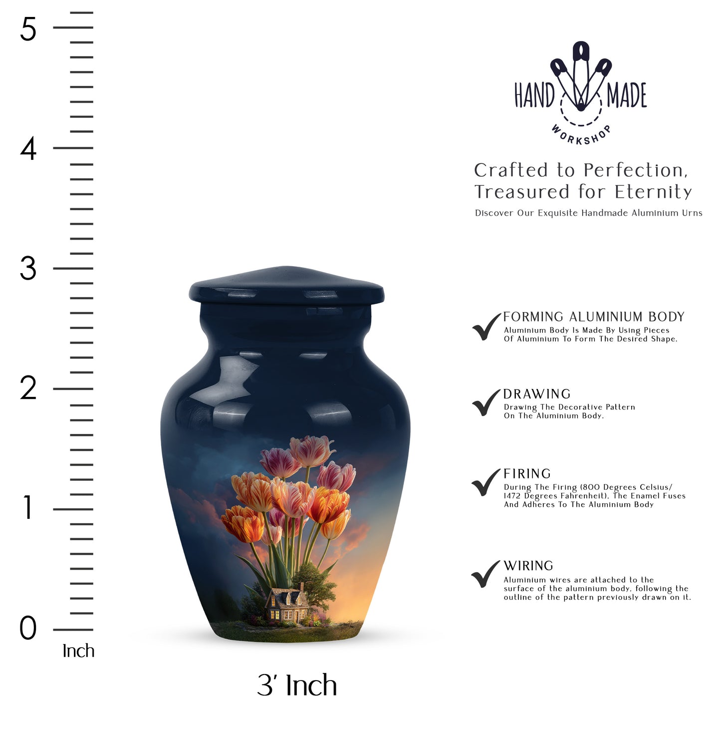 Calming Blue Garden Tulip Cremation Urn close-up of engraving and surface detail - traditional garden tulip engraving with hand-polished finish - mini keepsake memorial for portion of cremation ashes
