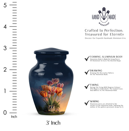 Calming Blue Garden Tulip Cremation Urn close-up of engraving and surface detail - traditional garden tulip engraving with hand-polished finish - mini keepsake memorial for portion of cremation ashes