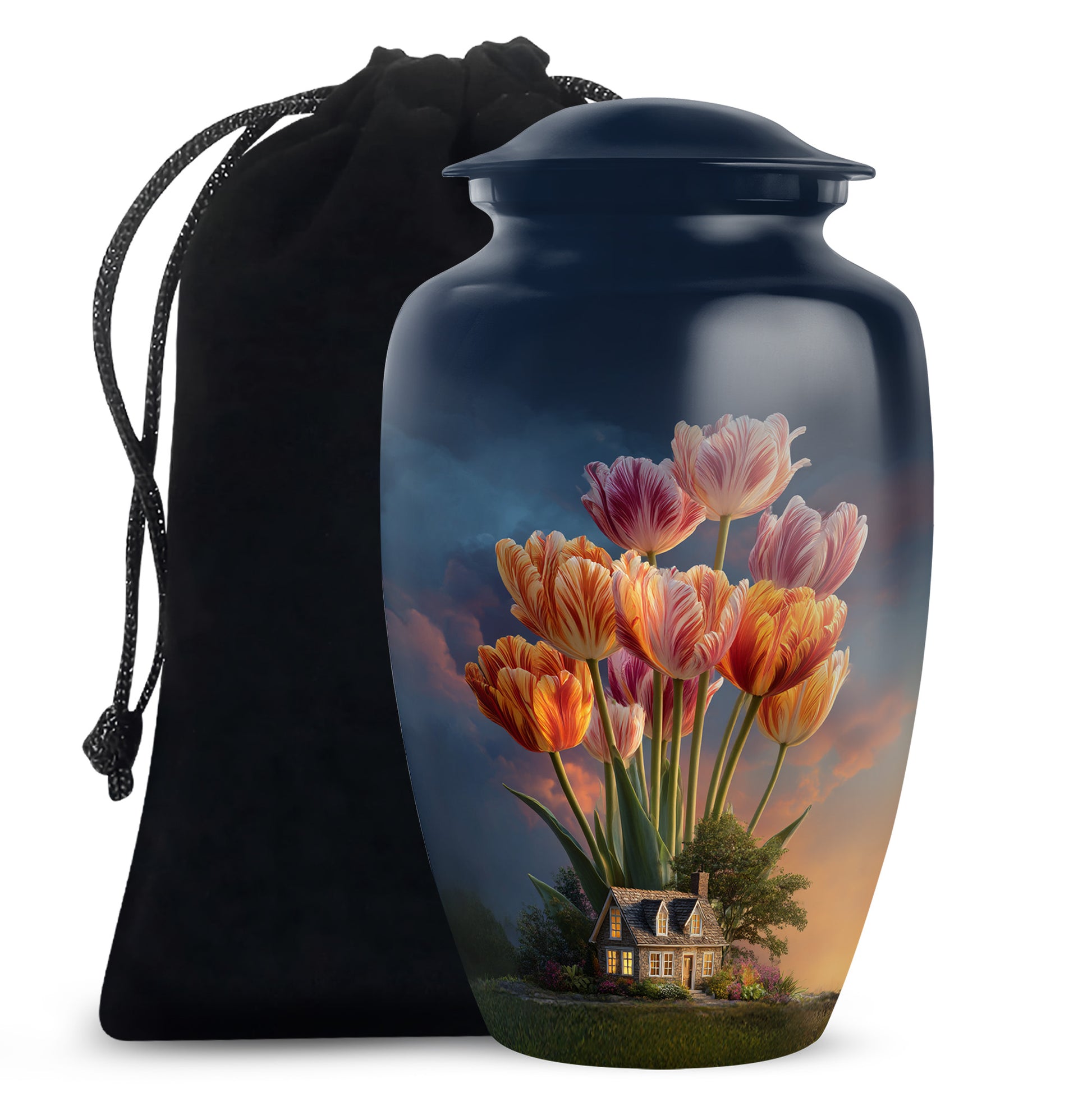 Azure Garden Tulip Cremation Urn angled view of lid and engraved motif - classic sculpted garden tulip pattern on smooth aluminum - full-size 10 inch 200 cubic inch adult cremation urn