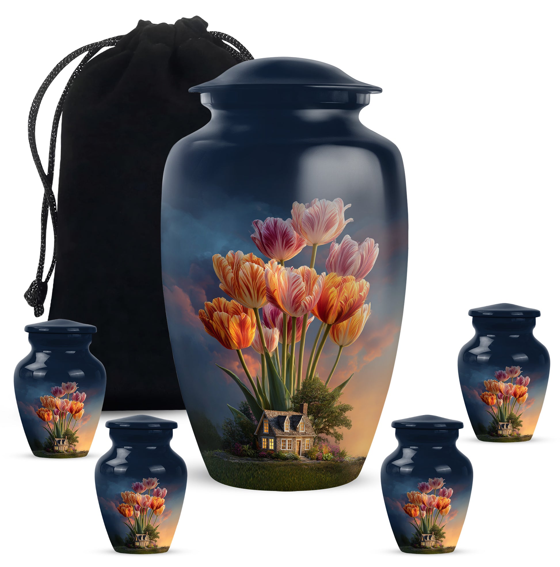 Dusty Blue Garden Tulip Cremation Urn top-down view of secure threaded lid - classic sculpted garden tulip pattern on smooth aluminum - memorial set with one large and four small urns