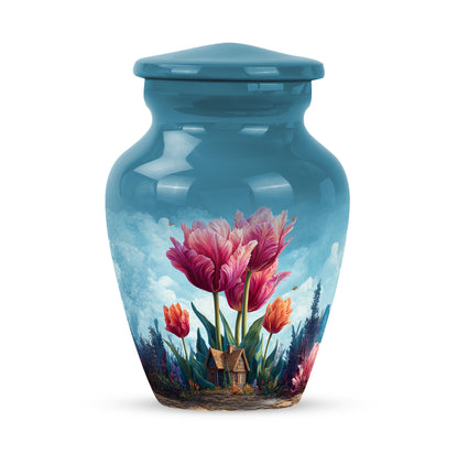 Personalized Blue Revered Garden Tulip Cremation Urns for Human Ashes - 10-inch, 200 cu in - Yatskia