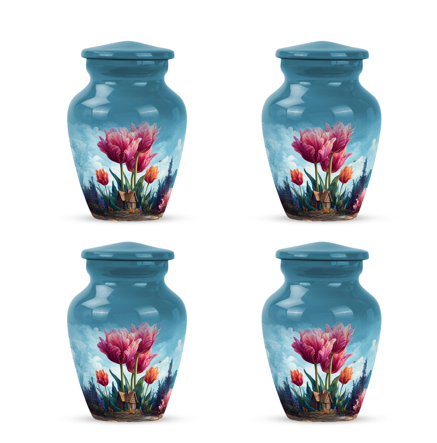 Bright Blue Garden Tulip Cremation Urn side profile showing urn shape - elegant classic garden tulip relief with fine detailing - 10 inch aluminum urn for cremated remains