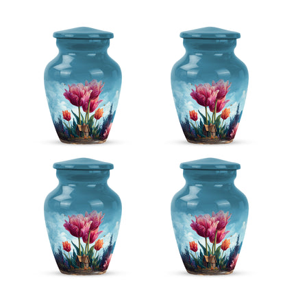 Bright Blue Garden Tulip Cremation Urn side profile showing urn shape - elegant classic garden tulip relief with fine detailing - 10 inch aluminum urn for cremated remains
