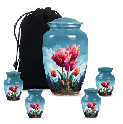 Sky Blue Garden Tulip Cremation Urn top-down view of secure threaded lid - timeless garden tulip motif etched into premium metal - memorial set with one large and four small urns