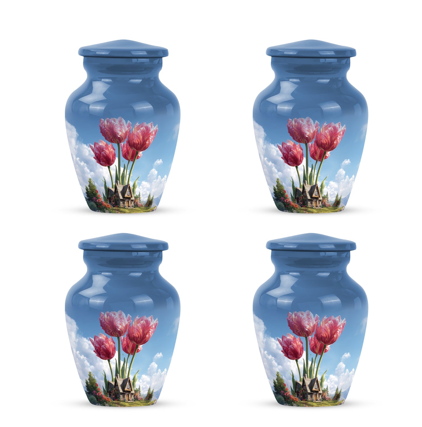 Royal Blue Garden Tulip Cremation Urn side profile showing urn shape - elegant classic garden tulip relief with fine detailing - 10 inch aluminum urn for cremated remains