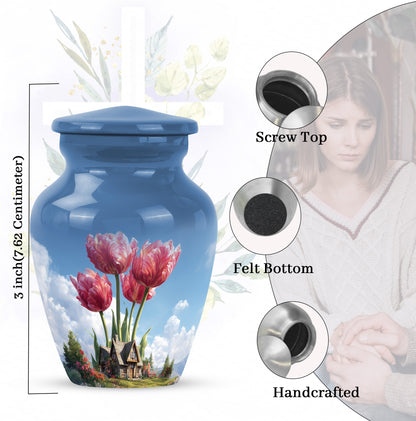 Soft Blue Garden Tulip Cremation Urn close-up of engraving and surface detail - elegant classic garden tulip relief with fine detailing - mini keepsake memorial for portion of cremation ashes