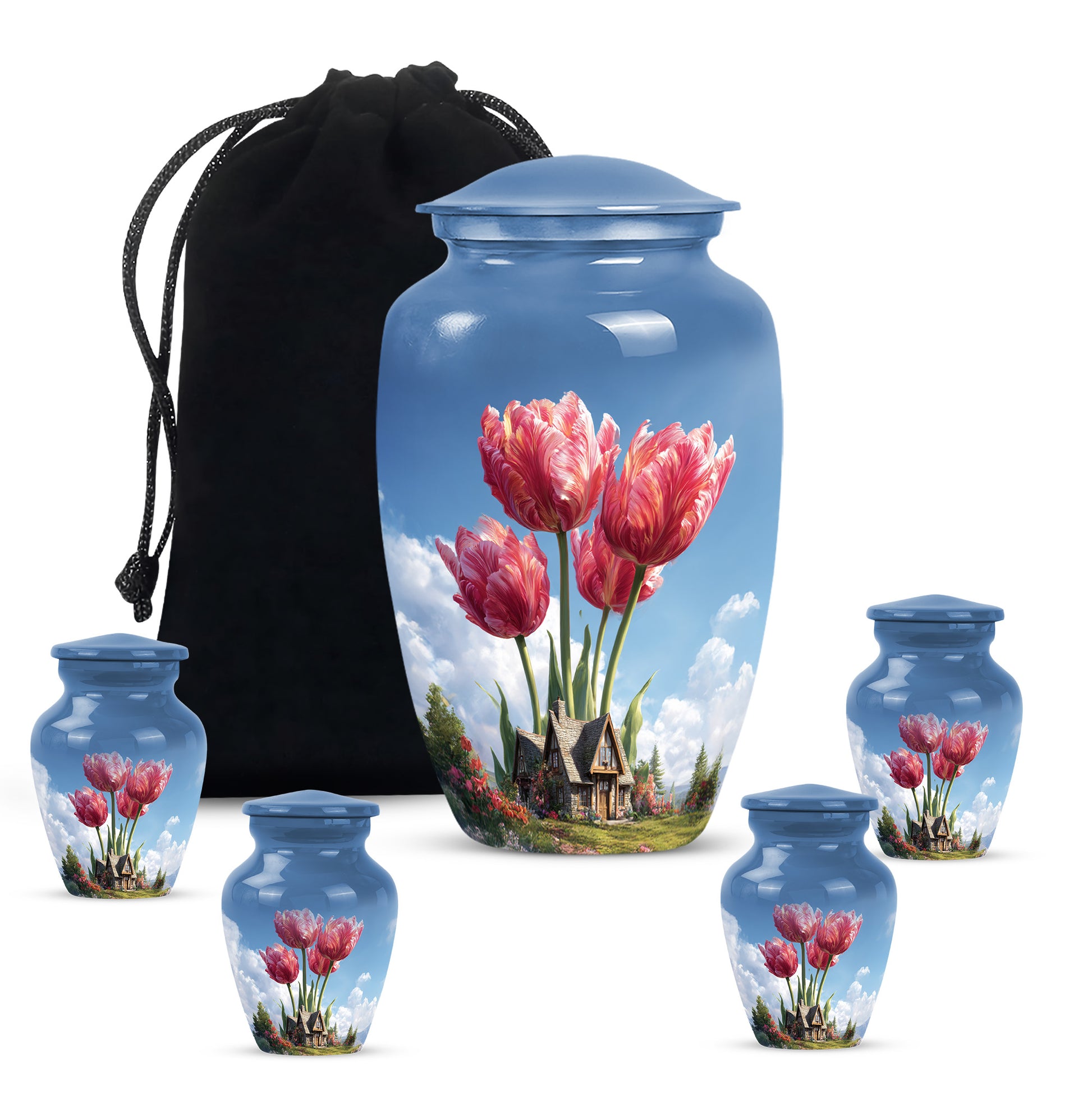 Powder Blue Garden Tulip Cremation Urn top-down view of secure threaded lid - timeless garden tulip motif etched into premium metal - memorial set with one large and four small urns