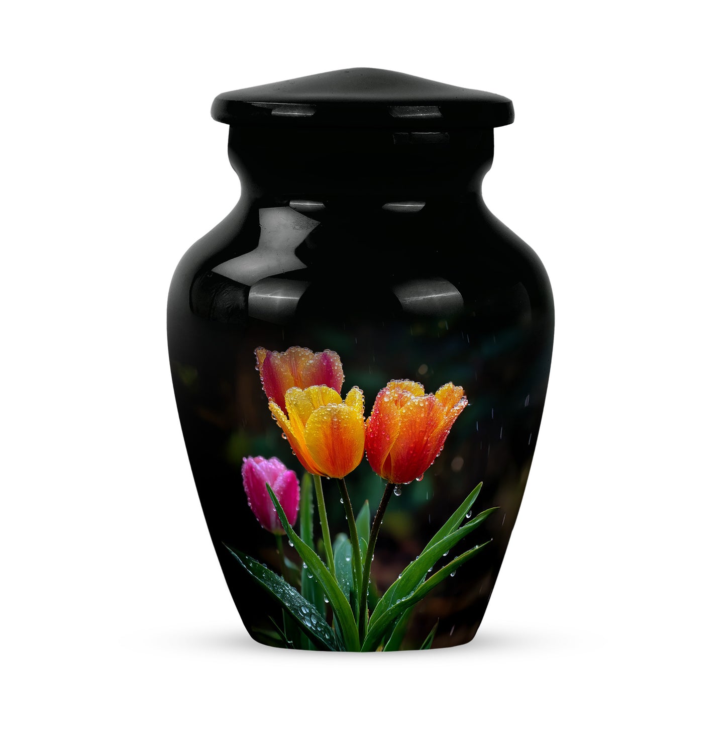 Luminous Black Garden Tulip Solace Urn for Human Ashes - 10-inch, 200 cu in - Yatskia